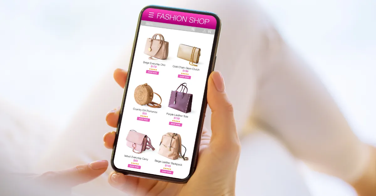 Mobile shopping app displaying trendy handbag options